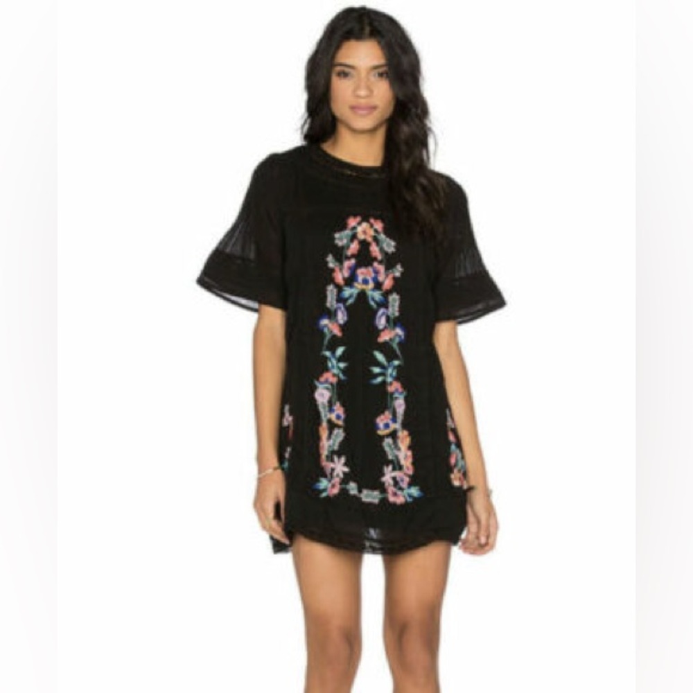 Striking Free People Black Dress with Multicolor Embroidery